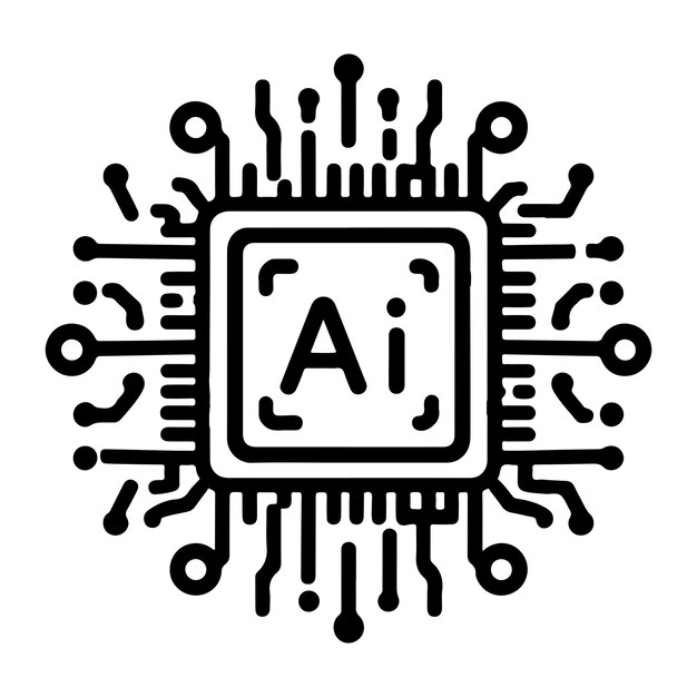 Technologie d'icône de ligne noire de puce de processeur d'IA et vecteur de concept de contour d'intelligence artificielle