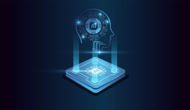 Technologie d'intelligence artificielle Concept de tête sur une puce d'IA brillante