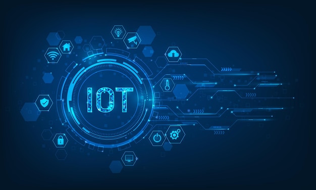 Technologie Internet des objets sur bleu foncé. Concept domotique IOT avec icône intelligente.