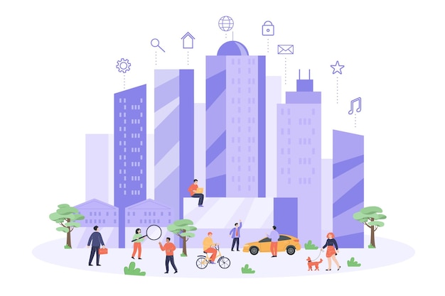 Technologie Iot En Ville Avec De Minuscules Personnages. Gens Dans La Rue, Immeubles De Bureaux Modernes, Réseau Sans Fil Numérique, Personne Avec Illustration Vectorielle Plane Ordinateur. Avenir, Environnement, Concept De Ville Intelligente