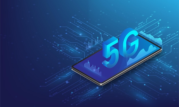 Technologie Isométrique Sans Fil Internet 5g Sur Smartphone Hitech De Réseau Mobile Avec Illustration Vectorielle De Connexion Haute Vitesse Conception De Technologie Numérique Isolée Sur Fond Bleu Foncé