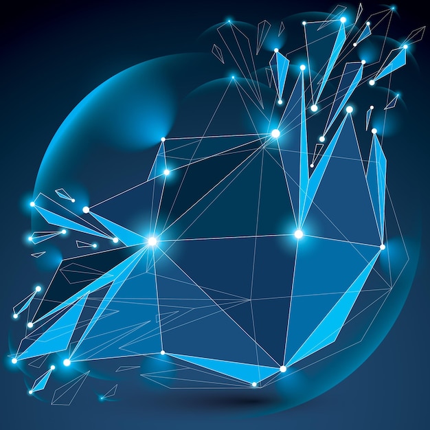 Technologie Numérique 3d Forme Brisée Avec Des Lignes Noires Et Des Points Connectés, Objet Bleu Filaire Polygonal Avec Des Cercles De Lentilles. Effet D'explosion, élément étincelant Abstrait Fissuré En Fragments.