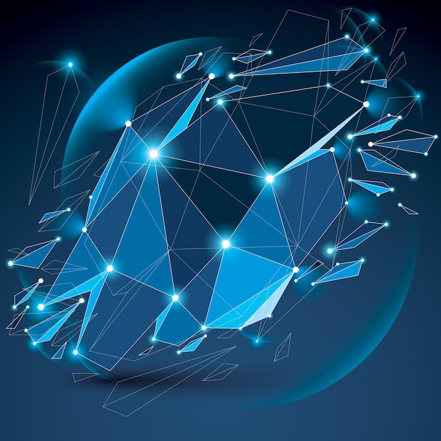 La technologie numérique en perspective a brisé la forme avec des lignes noires et des points connectés, un objet bleu filaire polygonal avec des cercles de lentilles. Effet d'explosion, élément de facette bleu fissuré en fragments.