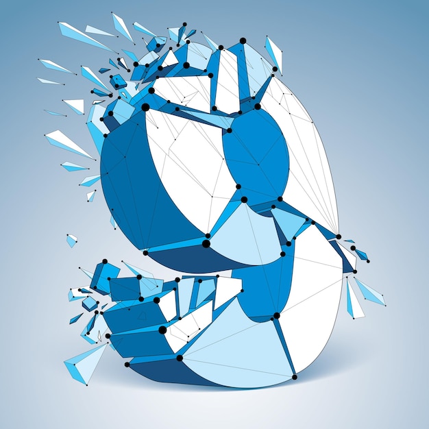 La technologie de perspective a démoli le numéro 9 avec des lignes noires et des points connectés, une police bleue filaire polygonale. Effet d'explosion, élément abstrait à facettes fissuré en plusieurs fragments.