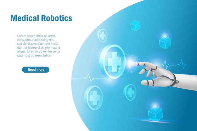 Technologie de robotique médicale Main de robot touchant l'icône de connexion au réseau médical