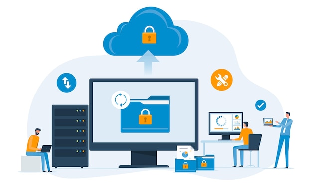 Vecteur technologie de sécurité de serveur en nuage d'entreprise et concept de sauvegarde de stockage en ligne