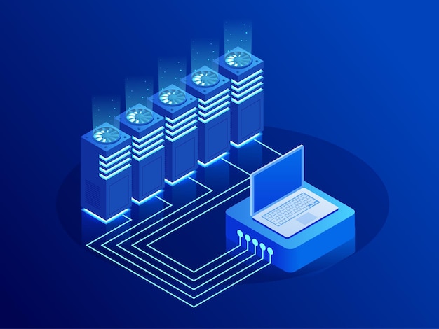 Technologie de stockage de données volumineuses et d'informatique en nuage concept d'intelligence artificielle d'apprentissage automatique Salle du centre de données avec serveurs de données abstraits et indicateurs à DEL lumineux