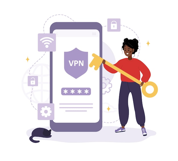 Technologie Vpn Femme Africaine Utilisant Un Logiciel Pour Protéger Les Données Personnelles Connexion Au Réseau Privé Virtuel Fournisseur De Services Internet Trafic Web Sécurisé Illustration Vectorielle En Style Cartoon Plat