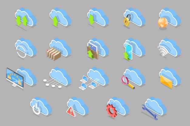 Technologies du nuage à icônes à vecteur plat isométrique 3D