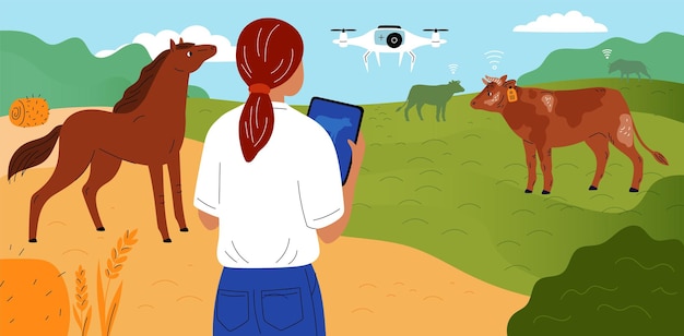 Technologies d'innovation de suivi agricole Pâturage intelligent du bétail Berger électronique Surveillance par drone Travailleur avec tablette numérique pour la télécommande des animaux domestiques Concept de vecteur criard