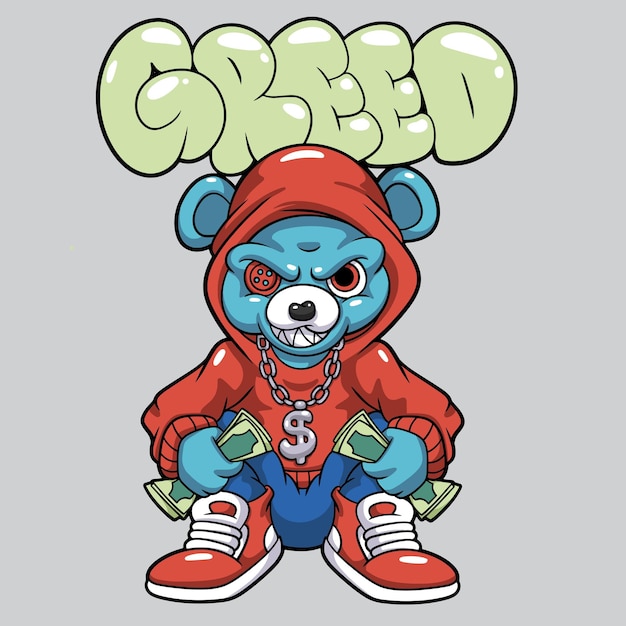 Teddy Bear Rich Streetwear Graffiti Illustration de dessin animé Graphique vectoriel pour les impressions de t-shirts