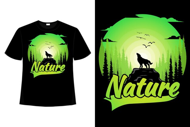 Tee Shirt Loup Pin Nature Vert Dégradé Style Rétro Vintage Illustration