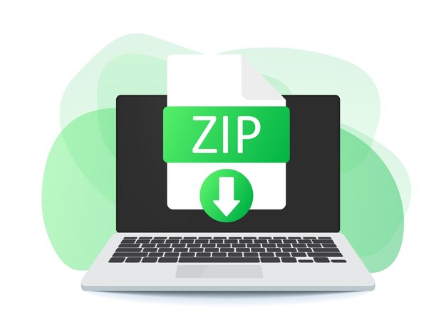 Télécharger Le Bouton Zip Sur L'écran De L'ordinateur Portable. Téléchargement Du Concept De Document. étiquette Zip Et Flèche Vers Le Bas.