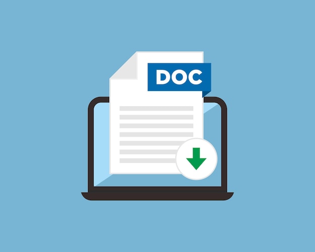 Vecteur télécharger le fichier d'icône doc avec étiquette sur l'écran de l'ordinateur portable téléchargement du concept de document bannière pour les entreprises
