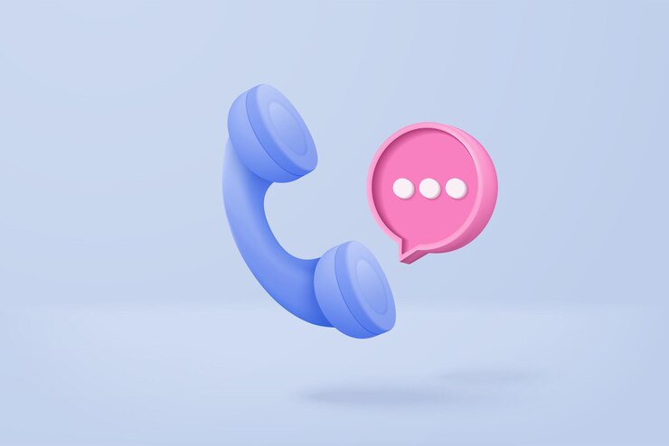 Téléphone d'appel minimal 3d et conversation de bulle sur fond bleu Parler avec le service d'assistance téléphonique et le concept d'icône de centre d'appel vecteur 3d rendre téléphone pour contacter le client sur fond isolé