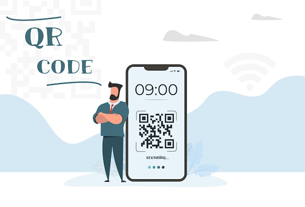 Téléphone à écran d'accueil et gars près du téléphone. QR code et horloge sur smartphone à écran. Illustration vectorielle