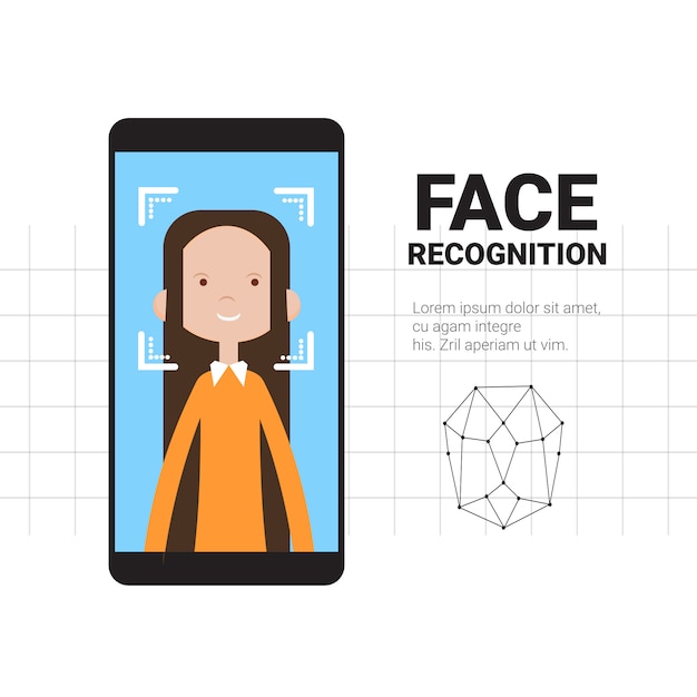 Vecteur téléphone intelligent numérisant visage de femme système de reconnaissance moderne technologie de contrôle d'accès concept d'identification biométrique