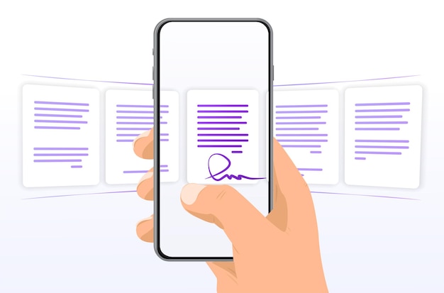 Vecteur téléphone en main avec des fichiers faites défiler sélectionnez un fichier documents sur votre téléphone processus de classification