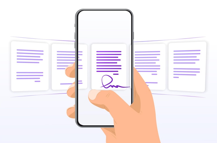 Vecteur téléphone en main avec des fichiers faites défiler sélectionnez un fichier documents sur votre téléphone processus de classification