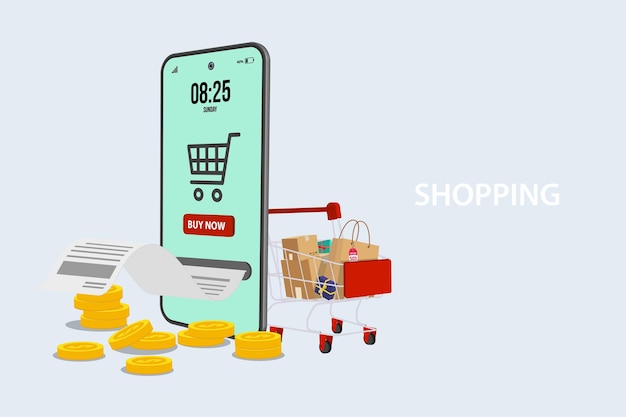 Le téléphone mobile représente l'avant du magasin de magasinShopping en ligne sur le site Web ou le concept d'application mobile