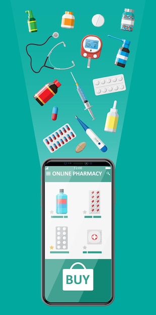 Téléphone Portable Avec Application D'achat De Pharmacie Sur Internet. Ensemble De Pilules Médicaments. Assistance Médicale, Aide