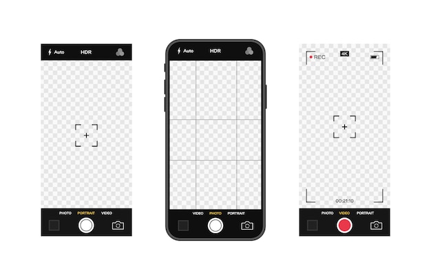Vecteur téléphone portable avec interface appareil photo. application d'application mobile. écran photo et vidéo. graphique d'illustration.