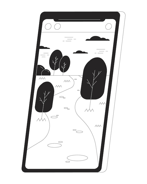 Téléphone portable paysage plat monochrome isolé objet vectoriel Téléphone prenant une photo Smartphone Dessin d'art en ligne noir et blanc modifiable Illustration de contour simple pour la conception graphique Web