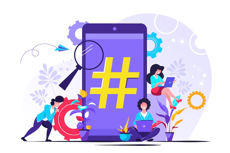 Vecteur téléphone avec signe hashtag, personnes et réseaux sociaux.