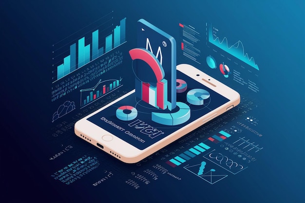 un téléphone avec un téléphone rouge et un fond bleu avec un graphique en haut