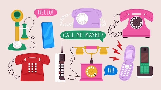 Les téléphones numériques rétro de style câble, les téléphones portables et les câbles vintage, les appareils mobiles modernes et nostalgiques, l'équipement de réseau, les vecteurs racistes, les cliparts mignons.