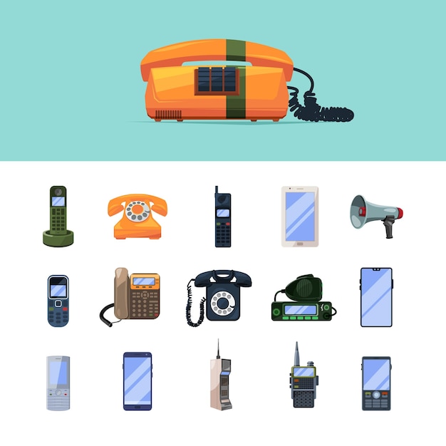 Téléphones Vieux smartphones gadgets mobiles technologies Internet connexion opérateur jeu d'illustrations vectorielles criardes