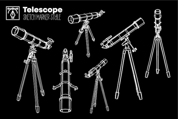 Télescope Rétro Dessiné à La Main. Ensemble