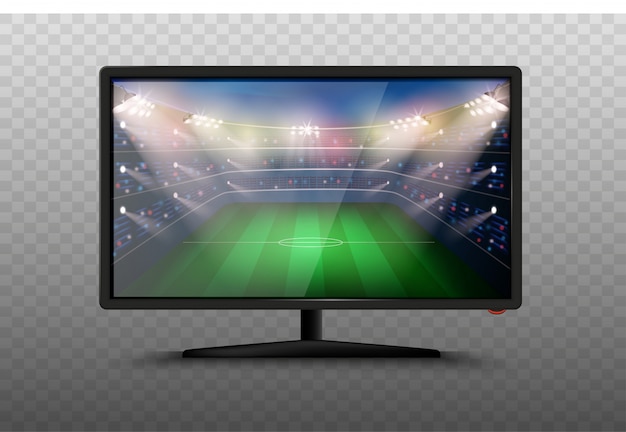 Vecteur téléviseur intelligent moderne, illustration 3d. écran plasma lcd avec stade de football. match de coupe du monde de football. l'actualité sportive à la télé.