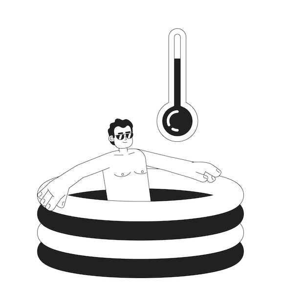 La Température De La Piscine Est élevée, Le Concept Monochrome Est Une Illustration Vectorielle, L'homme Dans La Piscine 2d Est Un Personnage De Dessin Animé Pour La Conception D'interface Utilisateur Web, Restant Hydraté, Isolé, éditable, Image De Héros Dessinée à La Main.