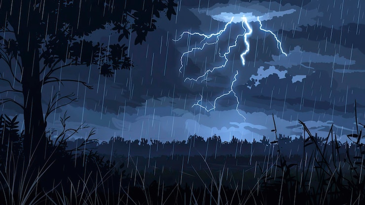 Vecteur une tempête de pluie avec une silhouette de foudre lointaine illustration
