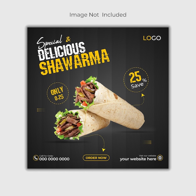 Vecteur template de conception de post sur les réseaux sociaux de delicious shawarma template de création de menu de nourriture spéciale