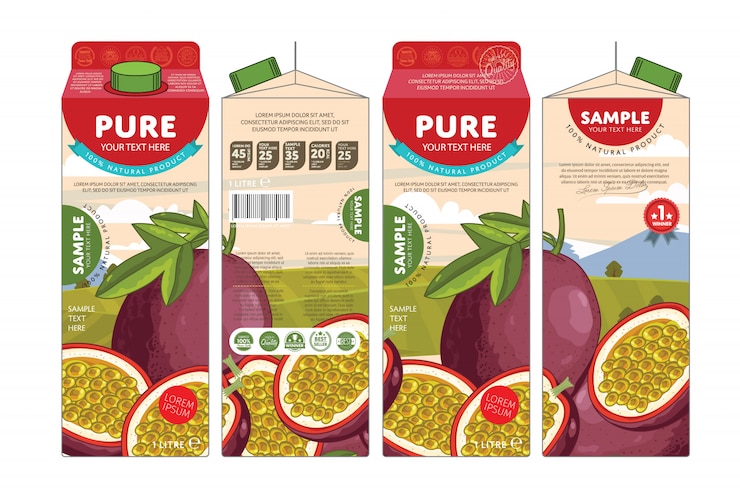 Vecteur template packaging design jus de fruit de la passion