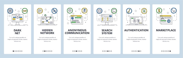 Template vectoriel des écrans d'intégration du site Web Darknet et des applications mobiles