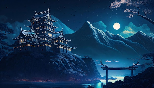 Temple chinois la nuit avec la pleine lune dans le ciel rendu 3D