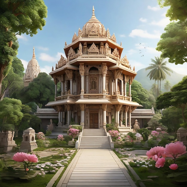 Un Temple Avec Des Fleurs Et Un Grand Bâtiment En Arrière-plan