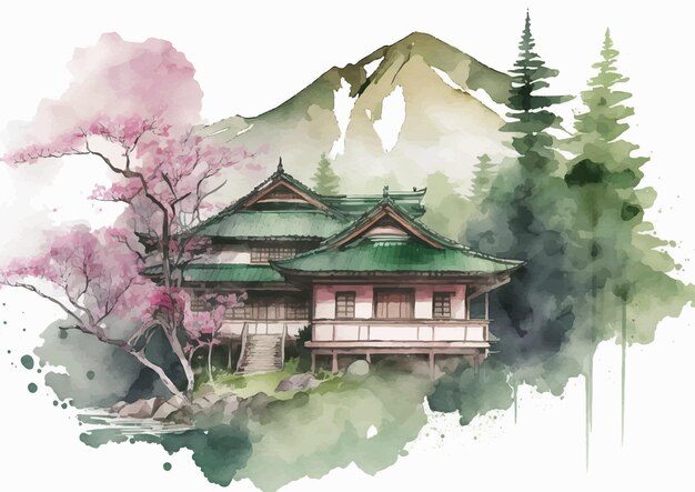 Temple Japonais à L'aquarelle