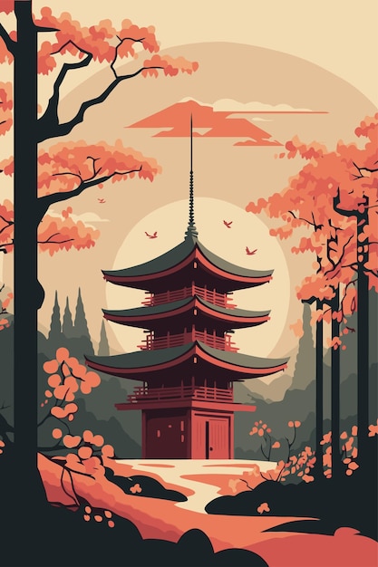 Temple japonais ou pagode asiatique monument traditionnel japonais avec arbre de fleurs de cerisier