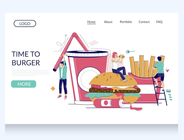 Temps à burger modèle de site Web vectoriel page Web et conception de page d'atterrissage pour le développement de sites Web et mobiles Micro personnages masculins et féminins mangeant des fast-foods hamburgers frites boire du soda