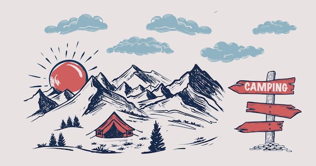 Temps De Camping Dans La Nature Illustrations Vectorielles De Style Croquis De Paysage De Montagne