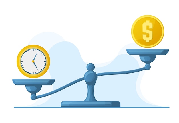 Le temps, c'est de l'argent, la balance du poids, le concept de temps et d'argent. Balance met à l'échelle de l'argent et montre un ensemble d'illustrations vectorielles de comparaison. Métaphore du temps contre l'argent. Comparaison de l'argent et du temps