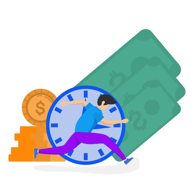 Vecteur le temps est le concept de l'argent, illustration de l'homme en cours d'exécution sur fond d'horloge, d'argent et de pièces de monnaie.