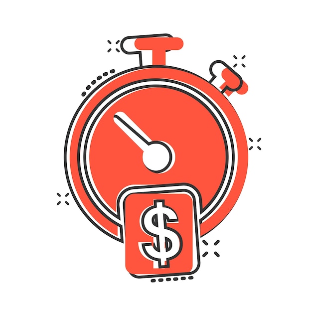 Le temps est l'icône de l'argent dans le style comique Horloge avec illustration de vecteur de dessin animé dollar sur fond blanc isolé Concept d'entreprise effet splash monnaie