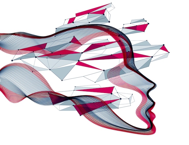 Temps d'évolution technologique, âme logicielle numérique de la machine, portrait vectoriel de tête humaine composé de particules en pointillés circulant dans des lignes de formes d'ondes. Belle illustration futuriste.