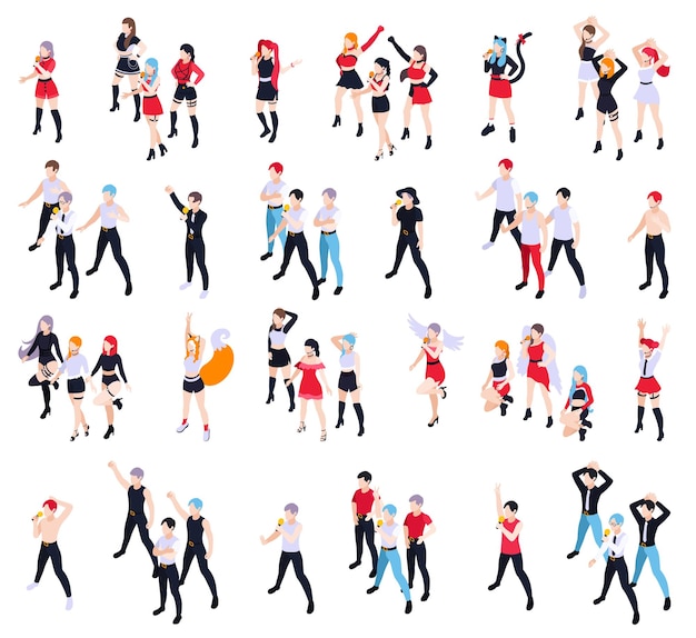 Temps de fête isométrique avec de jeunes chanteurs seuls jouant de la musique pop et des groupes de danse isolés illustration vectorielle
