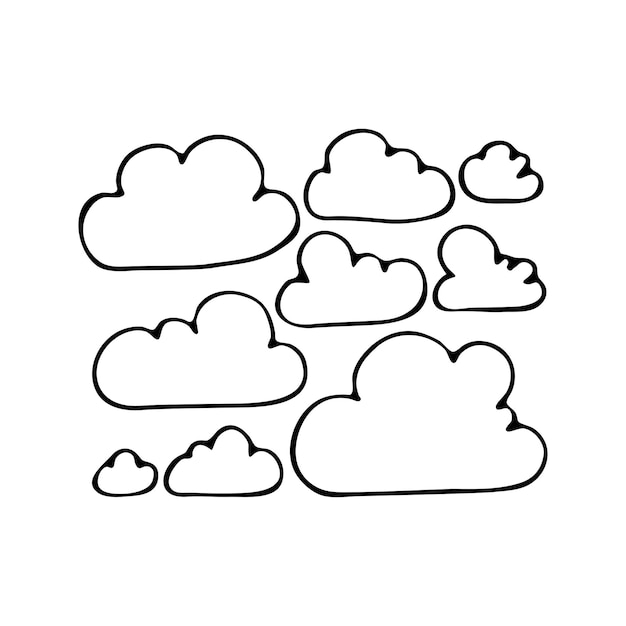Temps nuageux brouillard doodle vecteur symboles de prévision météorologique dessinés à la main saison des nuages icône de conception web ligne mince